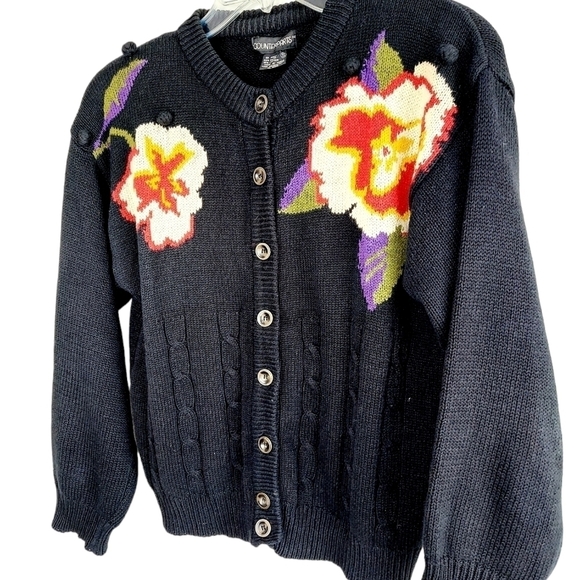 Vintage Cardigan Sweater Floral Bobbled Cable Knit Shoulder Pads Navy Cotton Y2K - Picture 2 of 16